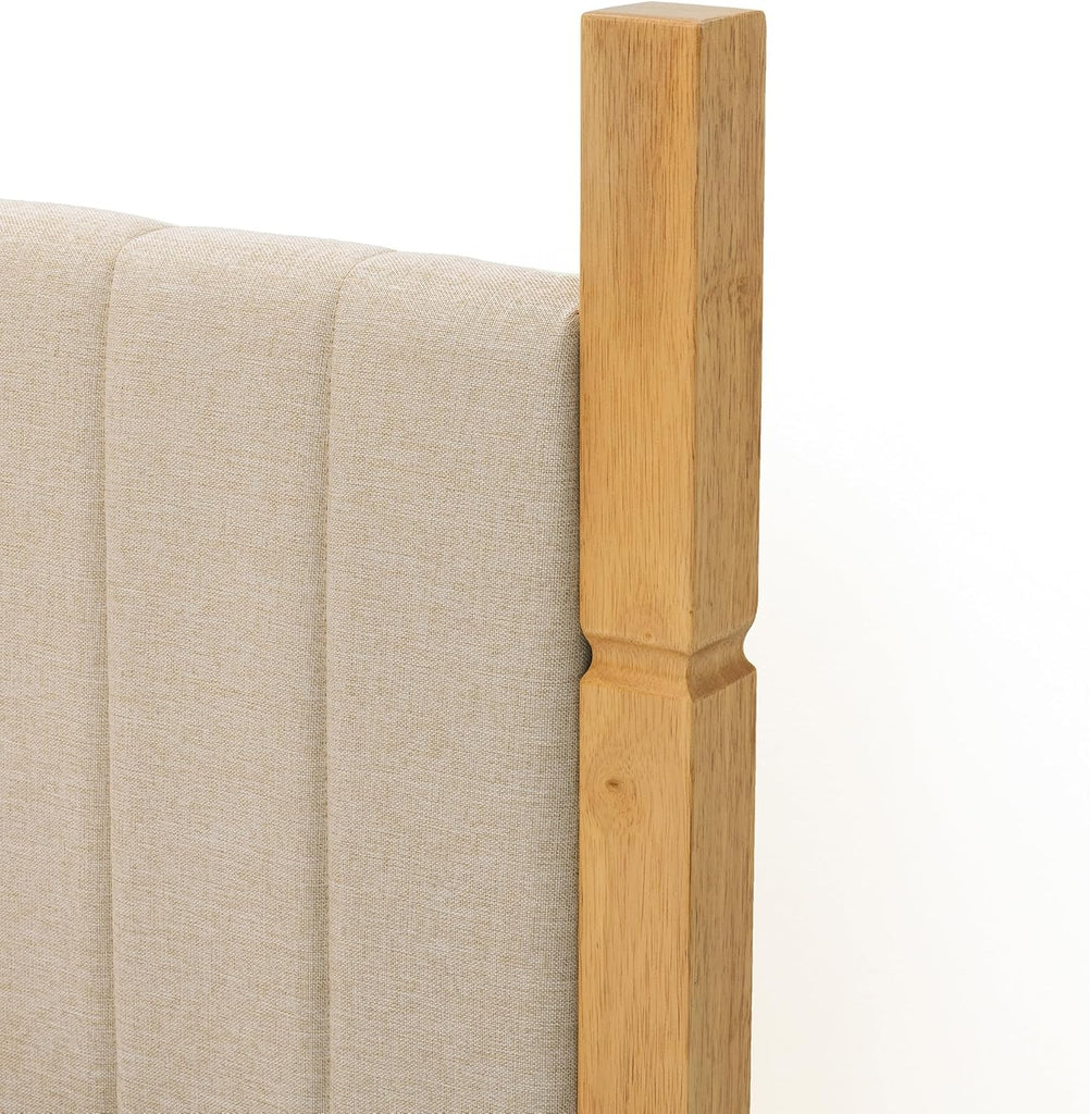 Queen Bed Frame with Headboard, Solid Wood Bed Frame Queen, Platform Bedframe Noise Free, No Box Spring Needed, Beige