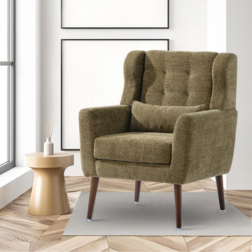 Accent Arm Chairs , Chenille Upholstered Mordern Armchair, Comfy Soft Padded Lounge Chair , Pillow, Solid Wood Leg
