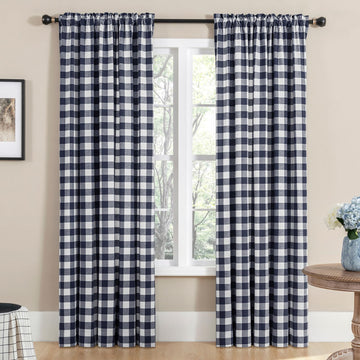 Buffalo Check Plaid Curtains Farmhouse Gingham Style Cotton Texture Rod Pocket Semi Curtain Drapes, Navy, 52 x 84