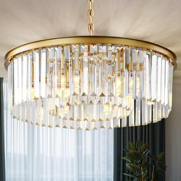 Gold Modern Crystal Chandelier, 2-Tier Round Flush Mount Ceiling Light Fixtures Height Adjustable Pendant Lighting