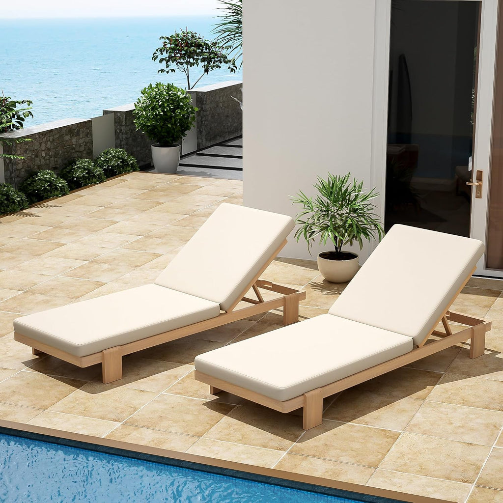 Acacia Wood Chaise Lounge Chair Set of 2, Patio Outdoor Chaise Lounge with Cushions, Adjustable Backrest Single