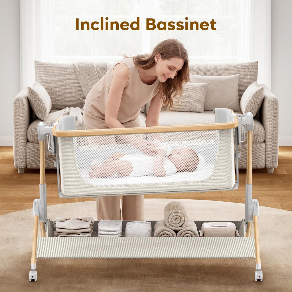 Bassinet Bedside Sleeper, 3-in-1 Foldable Bassinet for Newborns, One-Click Portable Baby Crib with Mesh Sides