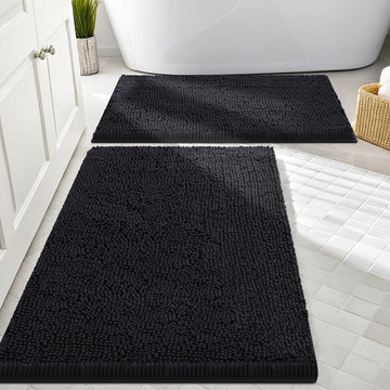 Chenille Bathroom Rugs Sets 2 Piece (30x20+24x16, Black) | Soft Absorbent Machine Washable Non Slip Shaggy Bath Rug