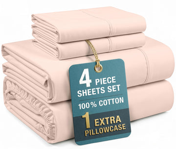 100% Cotton Twin Size Sheets Set - 4 Piece Crisp Percale Twin Size Cooling Sheets, Lightweight for Summer, with 15"