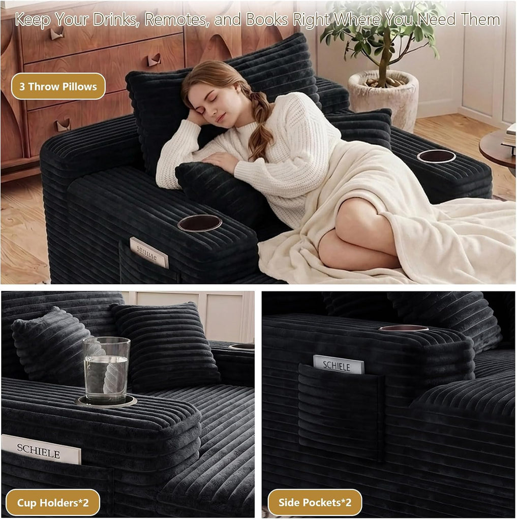 65" Oversized Chaise Lounge Chair Indoor, Boneless Chaise Lounge Chair with Cup Holders Side Pockets 3 Pillows, Cloud