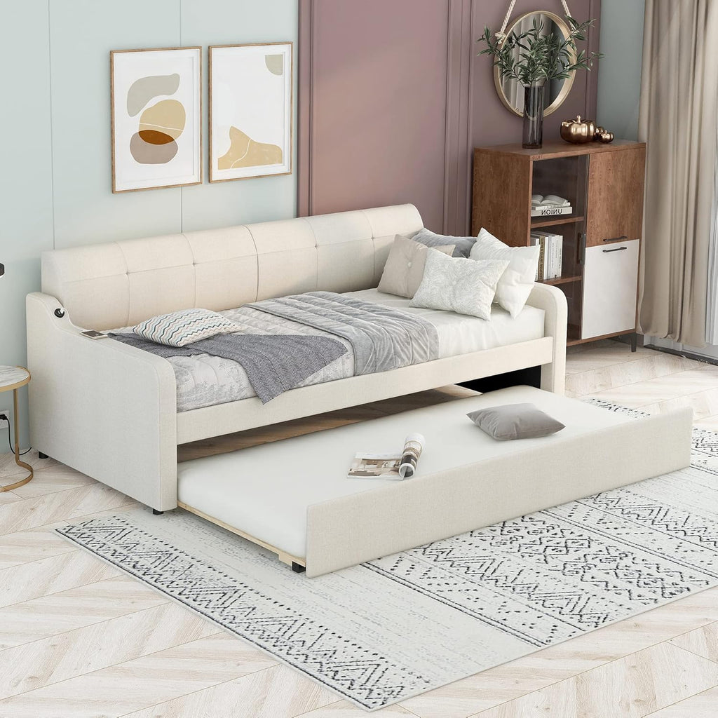 Twin Size Upholstered Daybed with Trundle and USB Charging Port, Pop-Up Trundle Flat or Elevated, Woven Fabric Day