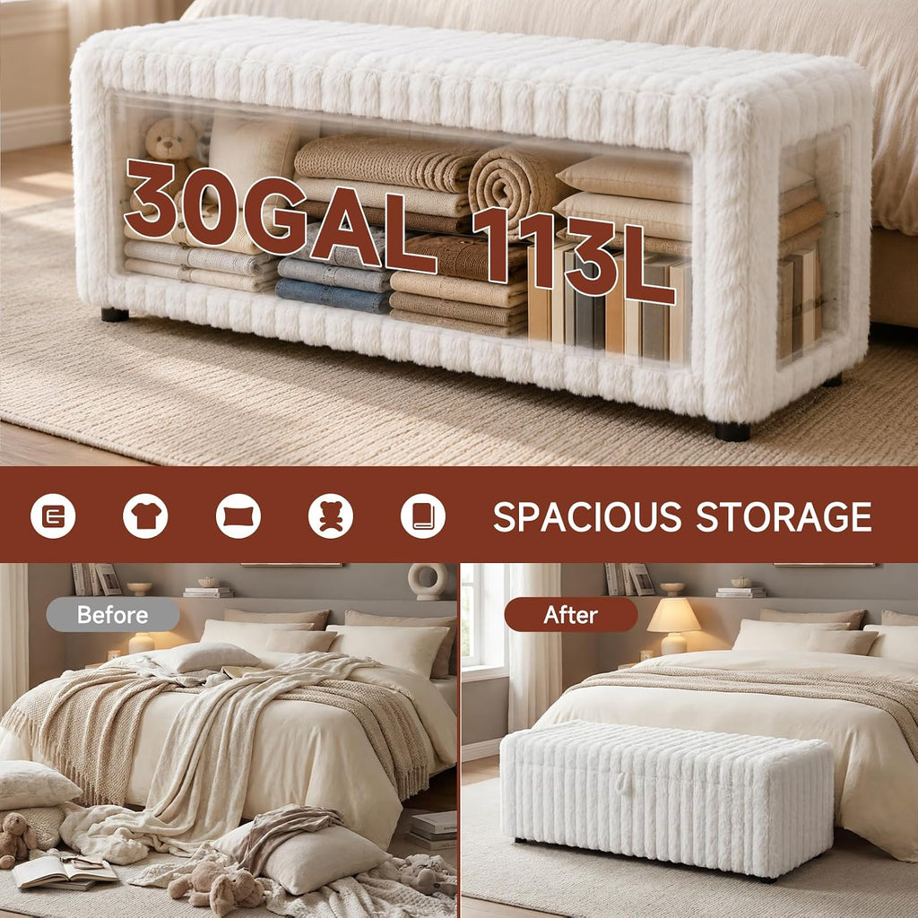 46" Storage Ottoman Bench, 30 Gallon Long Faux Fur Storage with Handles & Soft-Close Hinged Lid for Blankets and