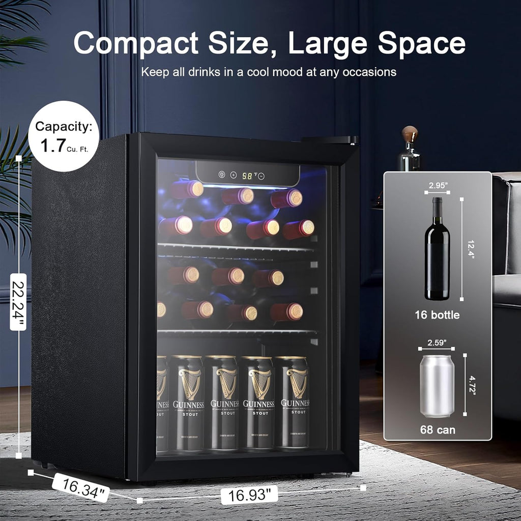 Beverage Refrigerator Cooler 68 Can, Mini Fridge with Glass Door for Beer Drinks