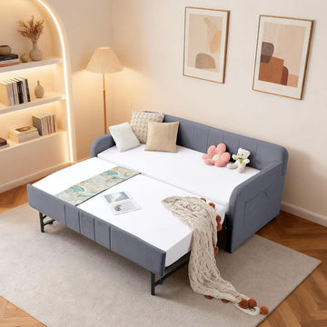 Twin Size Velvet Daybed Frame with Pop-up Trundle Bed Guest/Living Room, Space-Saving Upholstered Sofabed with USB