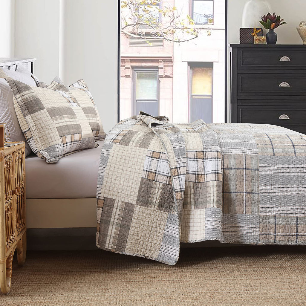 Quilts - Quilt Bedspread Sets, 100% Cotton Patchwork Quilt Bedding Set for Bed, 3 Pieces Plaid