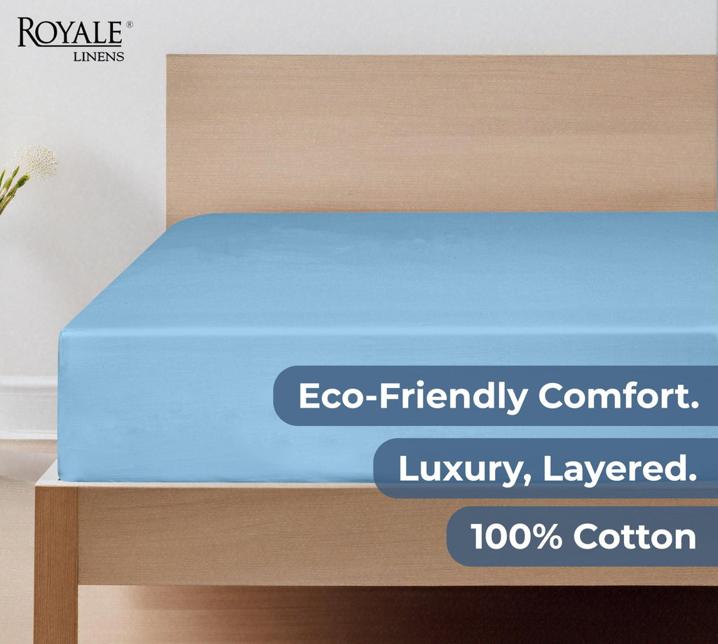 100% Organic Cotton Fitted Sheet - Percale Weave - Super Soft Deep Pocket Bottom Sheets - Lake Blue Elastic Sheet