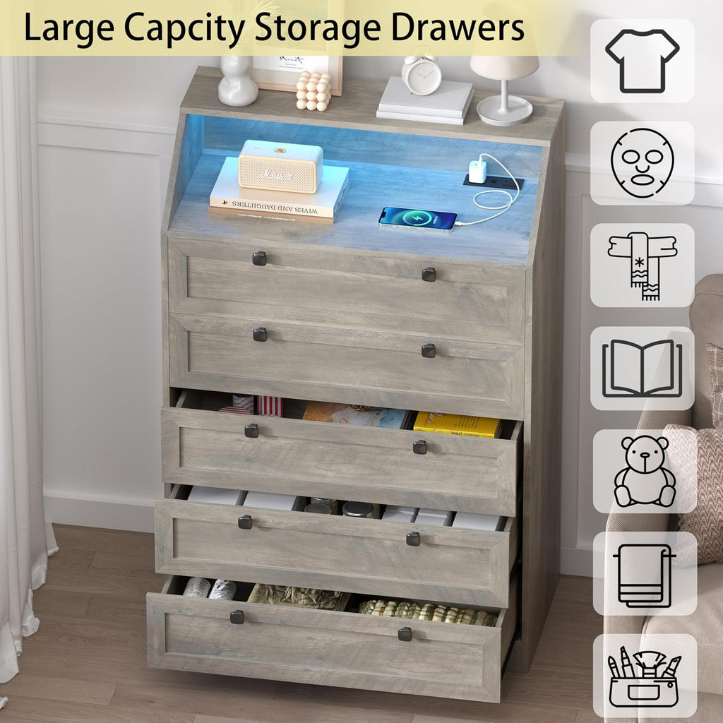 Grey Dresser Tall 5 Drawer Dresser , Wood Chest of Drawers with LED Lights, Charging Station, Metal Handles, Modern