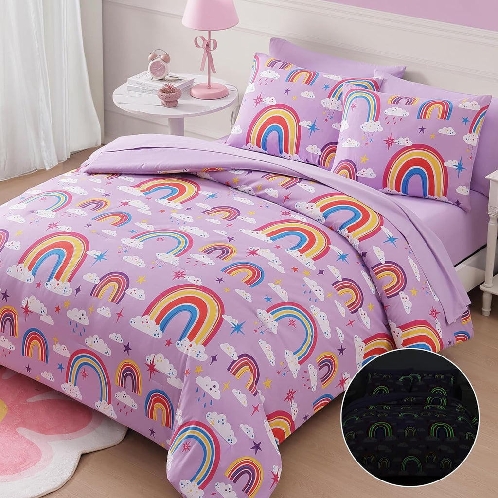 Full Comforter Set for Girls-7 Pieces Purple Rainbow Glow in the Dark Full Bedding Sets for Kids