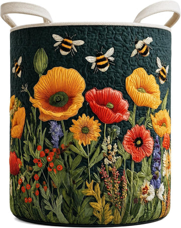 Quilted Laundry Basket with Handles, Boho Floral Quilted Storage Hamper, Large Capacity Laundry Hamper Bedroom