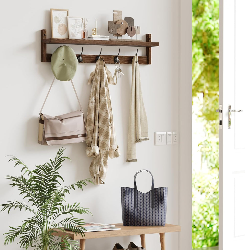 28.9 Inch Length Shelf with Hooks Entryway Coat Rack Wall Mount Wood Coat Hooks with Shelf Wall-Mounted Coat Hook