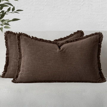 Decorative Lumbar Throw Pillow Covers Neutral Linen Fringe Throw Pillows Set of 2 Reddish Brown Boho Farmhouse