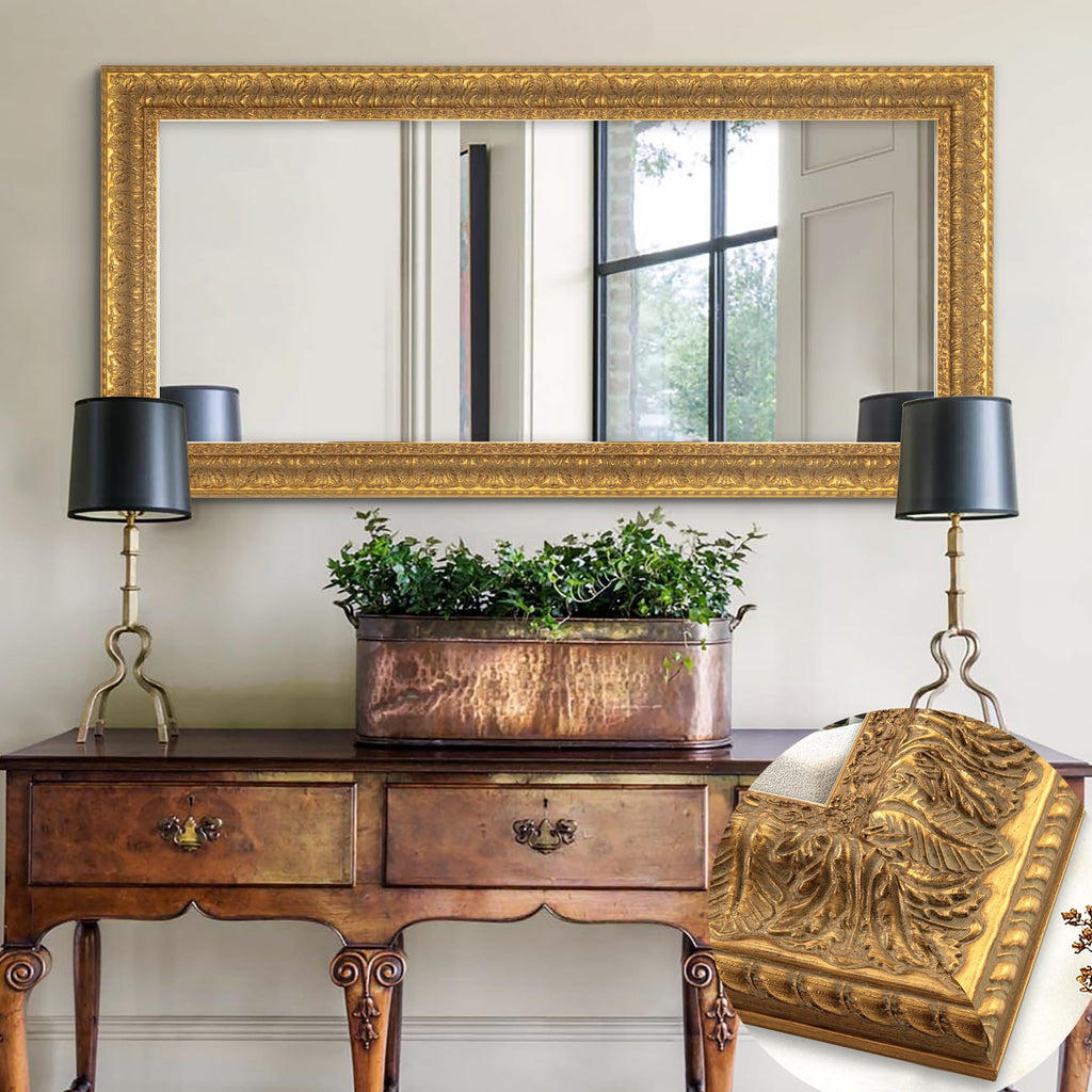 48" L x 24" W Large Gold Mirror for Wall, Rectangular Decorative Mirror Wall Decor with Leaves Shape Wood Frame