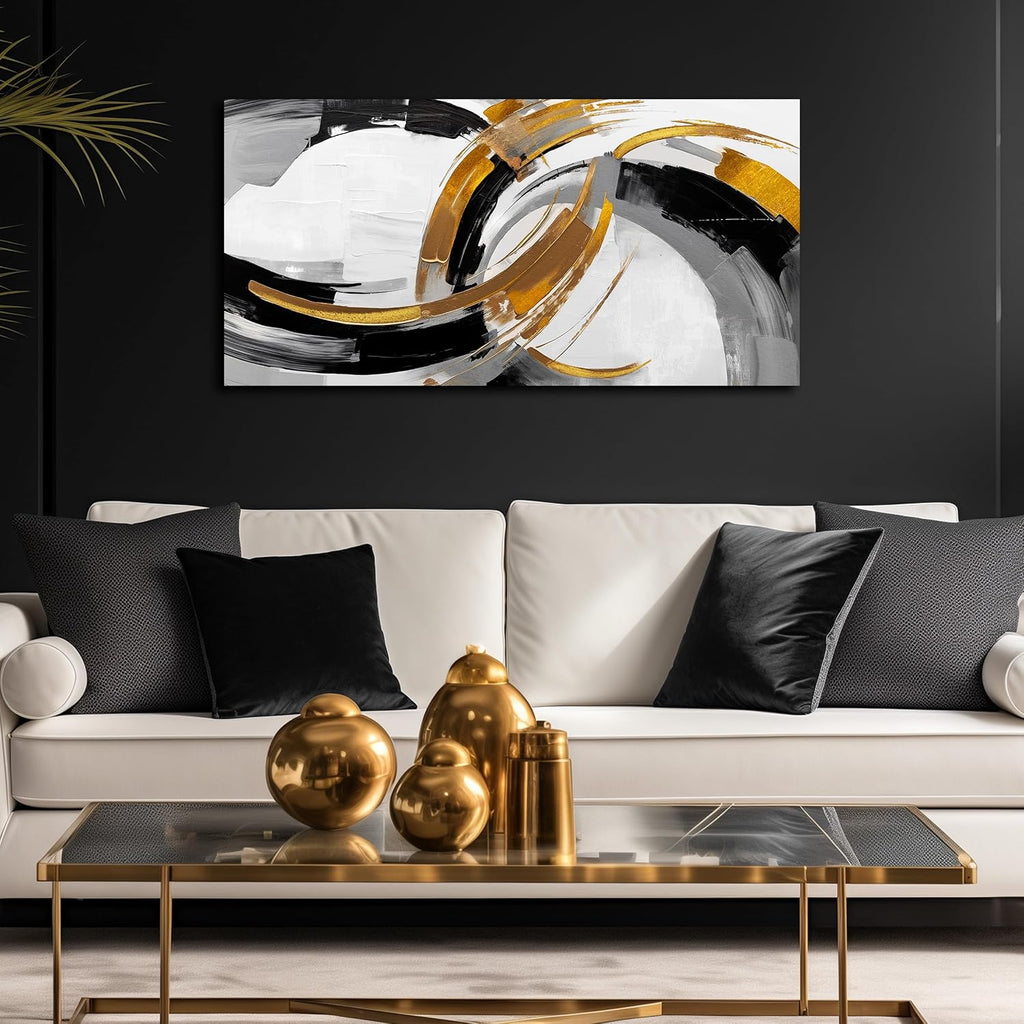 Large Abstract Canvas Wall Art Black White and Gold Minimalist Line Artwork Office