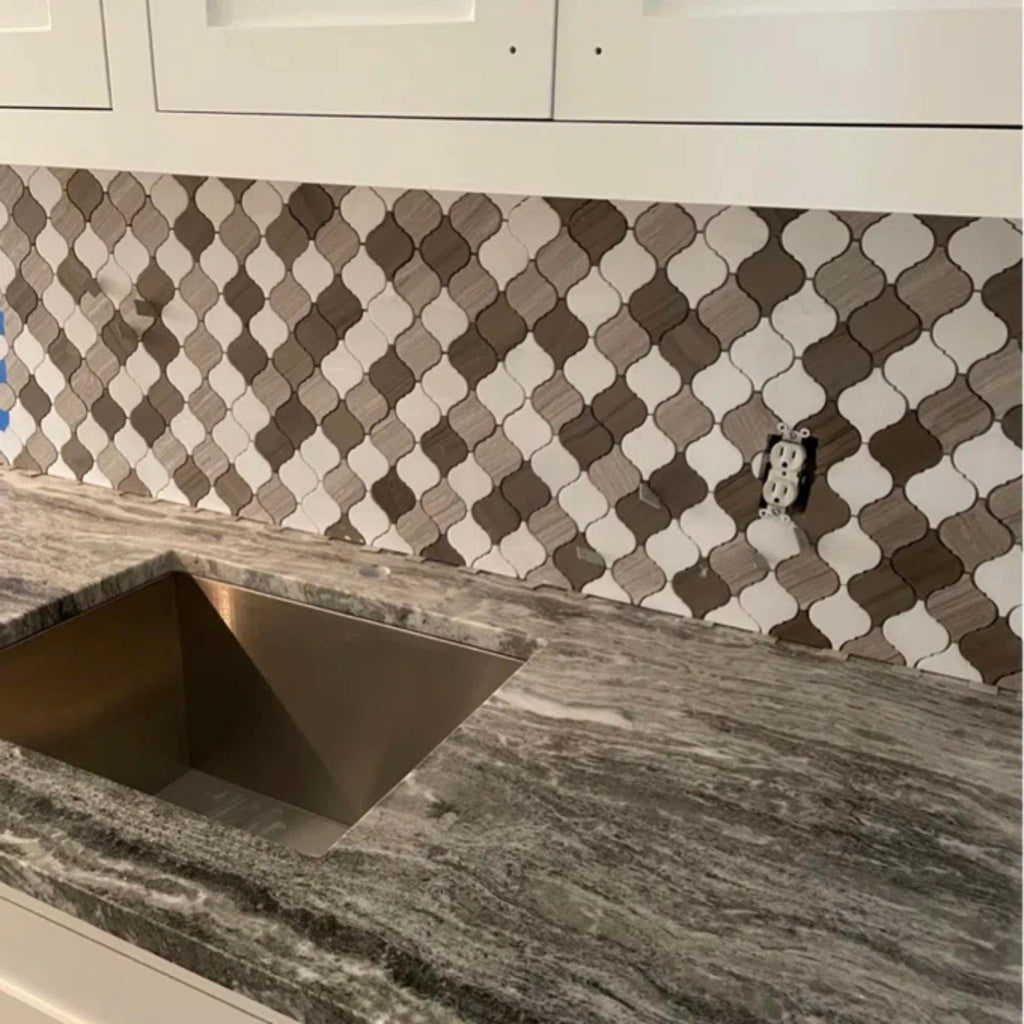 Mixed Marble Arabesque Mosaic Tile, Polished Natural Stone Backsplash, Shower Wall & Floor, 12.75" x 13.5", 1 Sheet