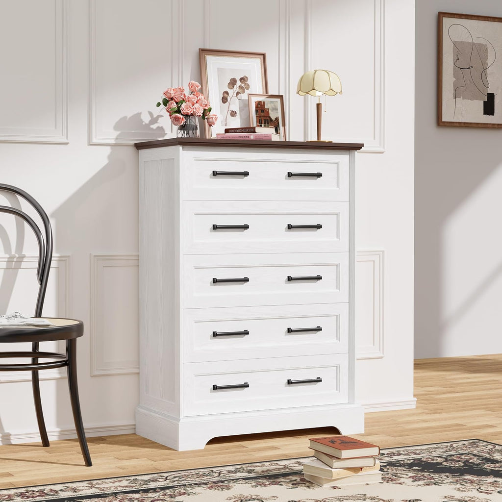 Tall Dresser ,Farmhouse 5 Drawers Dresser, Chest of Drawer Chest, Multi-Tier Clothing Storage Cabinet, White and Brown
