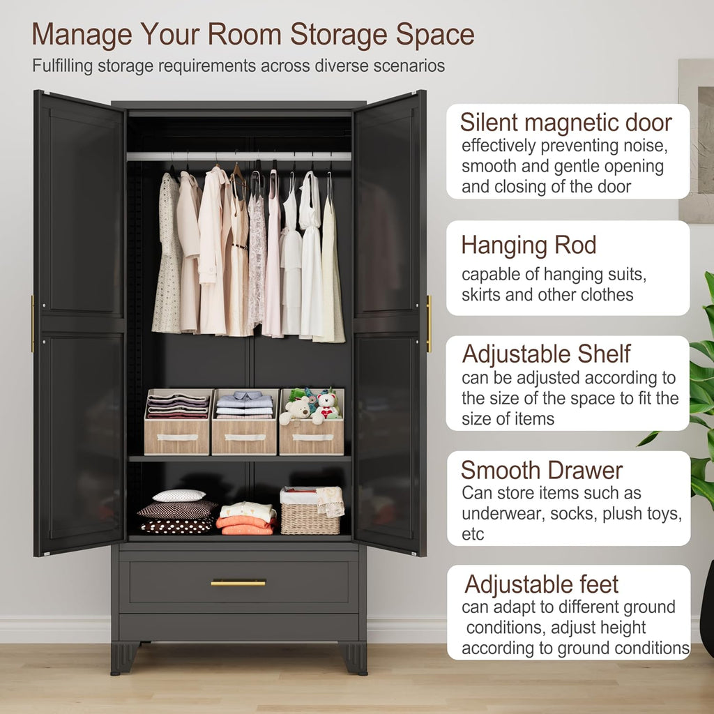 71"H Metal Tall Armoire Wardrobe Closet with Drawer,Household Steel Wardrobe Closet Cabinet with Drawers,Clothing