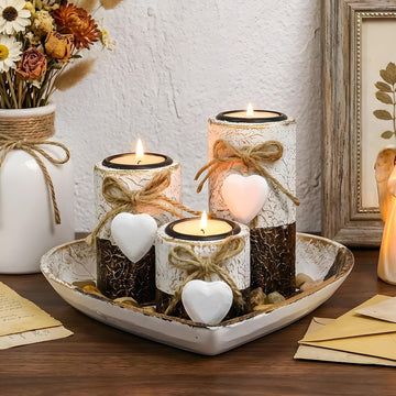 Farmhouse Candle Holders 3 Pack Rustic Wooden Pillar Candle Holder | Heart Tray and Stones Tealight Candles Holders