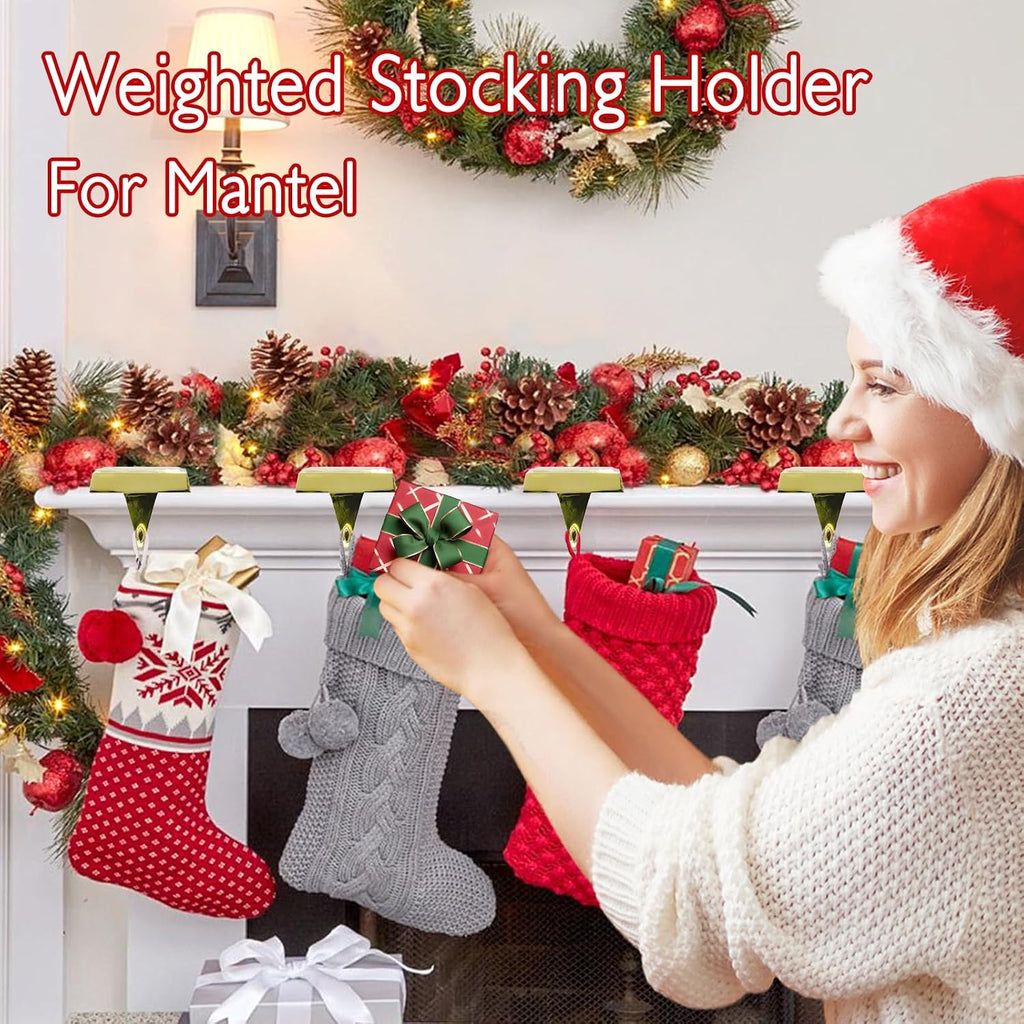 4-Pack Christmas Stocking Holders for Mantel, Weighted Metal Hooks, Gold