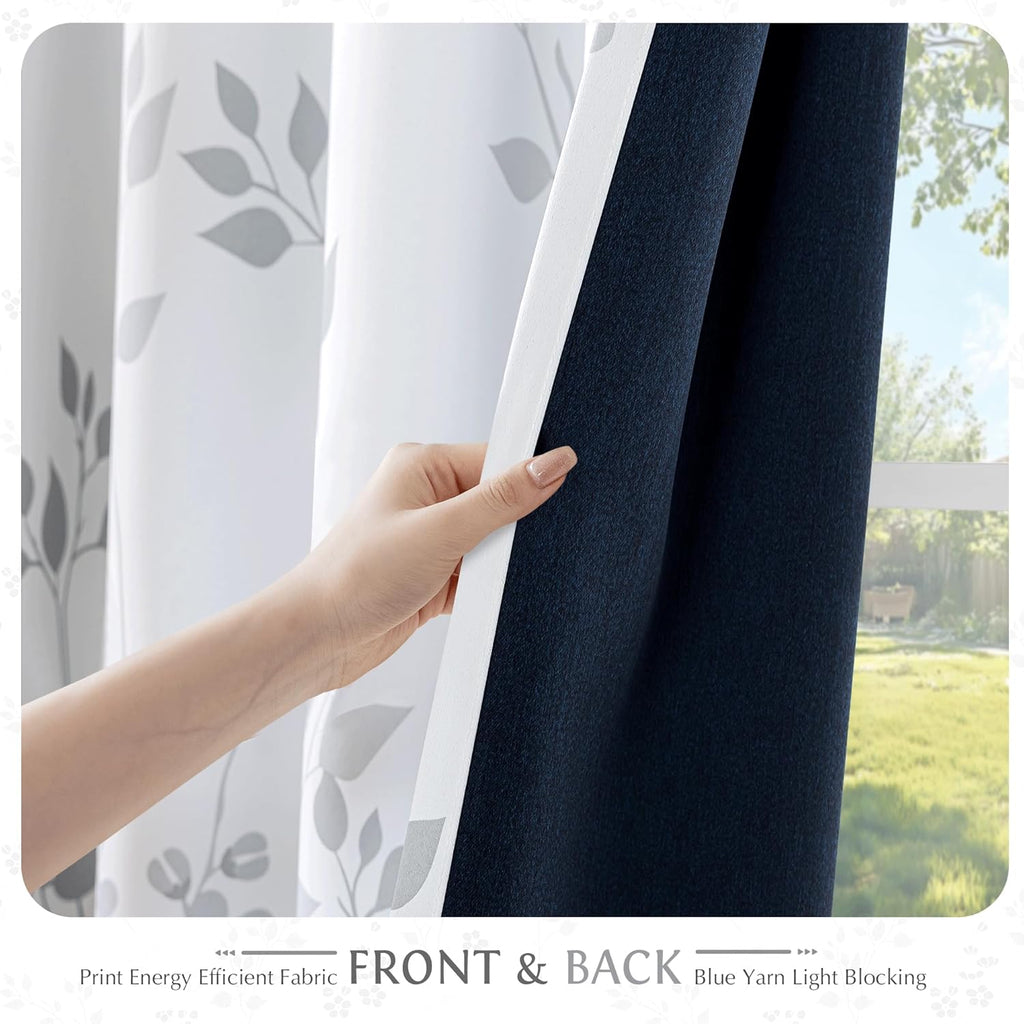 Floral 100% Blackout Curtains 2 Panels for Bedroom Living Room Grey White Flower Patterned Room