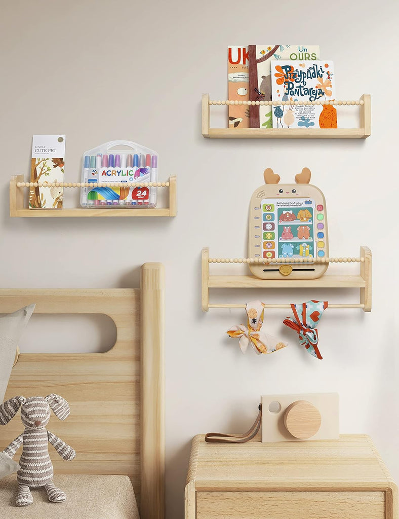 Nursery Shelves for Wall Set of 3, Natural Wood Floating Shelves | Kids Bookshelf with Towel Bar, Wall Mounted