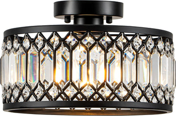 Crystal Black Ceiling Light, Modern Semi Flush Mount Ceiling Light Fixture, Round Small Chandelier Entryway Bathroom