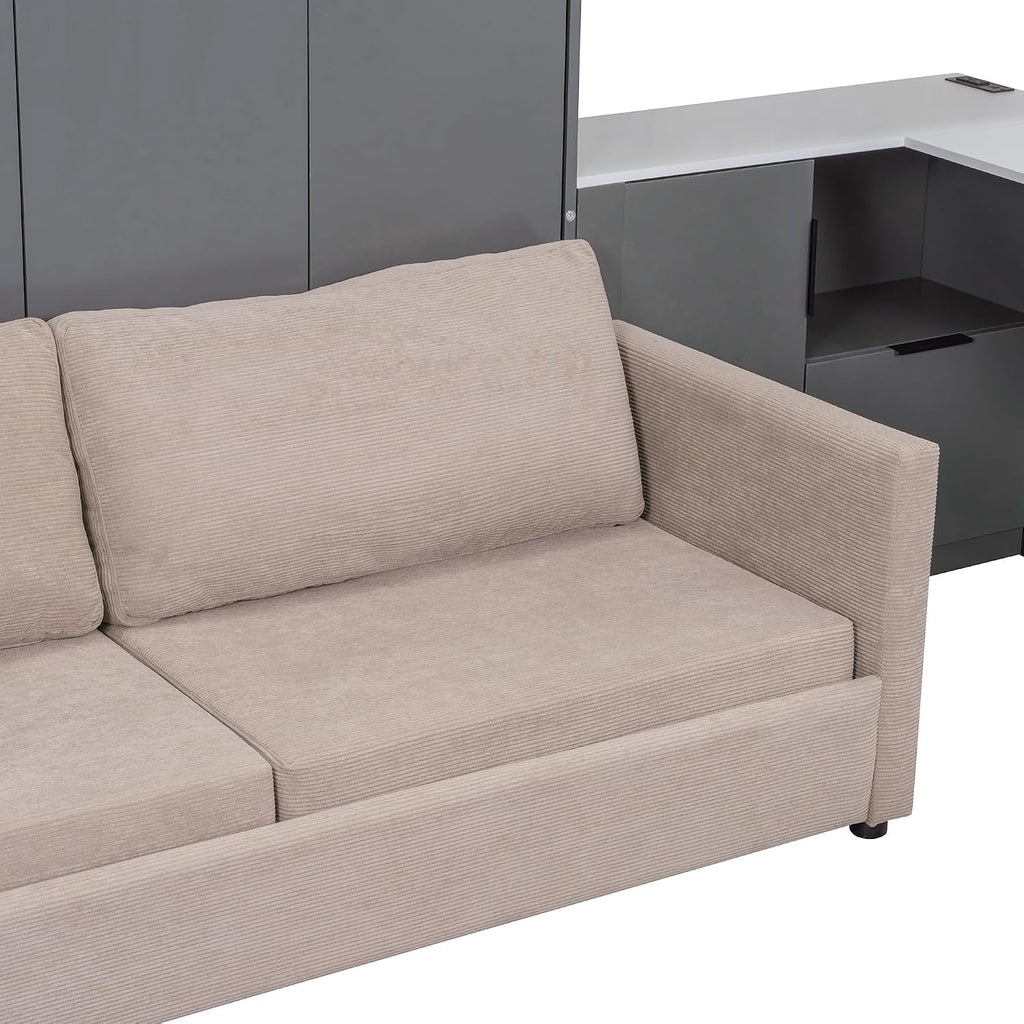 Queen Murphy Bed with Hydraulic System and L-Shaped Office Desk, Multifunctional Foldable Wall Bed Frame with Storage