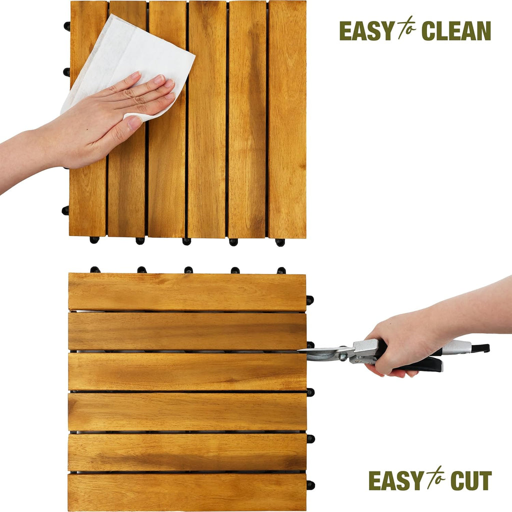 Premium Acacia Wood Interlocking Deck Tiles, 9 PCS 12"x12"x0.9" Floor Tiles, Waterproof Wood Flooring for Backyard &