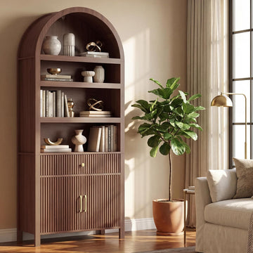 Book Shelf 70" Tall Bookcase with Drawer,7-Tier Arched Cabinet with Storage and Fluted Door,Mid-Century Modern