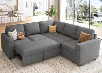 Sectional Sleeper Sofa with Pull Out Bed, L Shaped Couch with Storage Seat, Modular Sectional Couches , Dark Grey