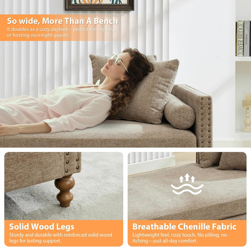 75.2" Oversized Chaise Lounge, Chenille End of Bed Bench with Tufted Arms, Sleeper Sofa Daybed with 4 Pillows