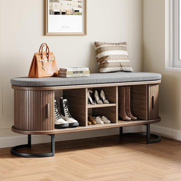 Shoe Storage Bench with Cushion and Sliding Doors, 47.2 Inch Shoe Bench with Storage, Freestanding Entryway Bench