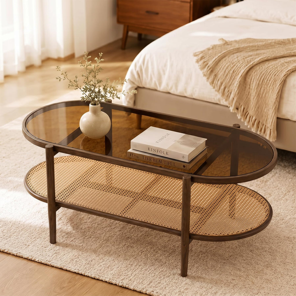 Boho Oval Coffee Table with Storage Shelf, 2-Tier Tempered Glass