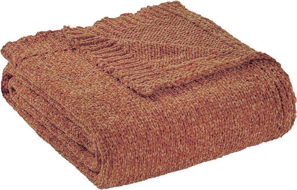 Chenille Throw Blanket, Soft Warm Cozy Blanket for All Season（50" x 60", Coral）