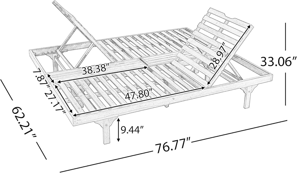 Acacia Wood Chaise Lounge Chair Set of 2, Double/Single Outdoor Sunbathing Pool Lounger, Patio Wooden Adjustable