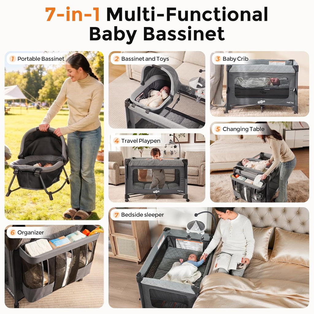 Pack and Play with Bassinet - 7 in 1 One-Step Setup Bedside Crib, Portable Playpen, Travel Crib, Baby Playard with