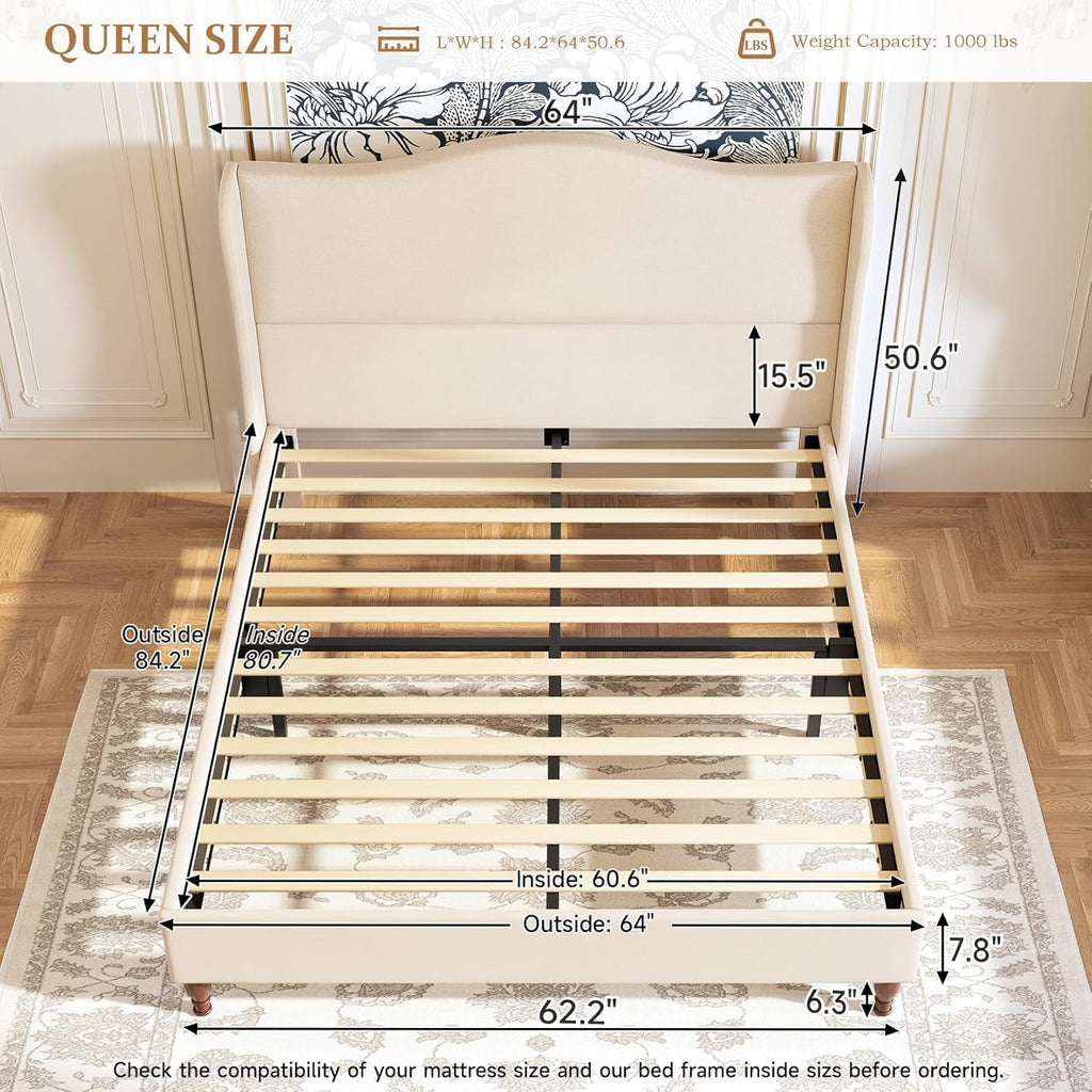 Queen Bed Frame Upholstered Platform Bed with 51" Tall Headboard Wingback, Soft Fabric