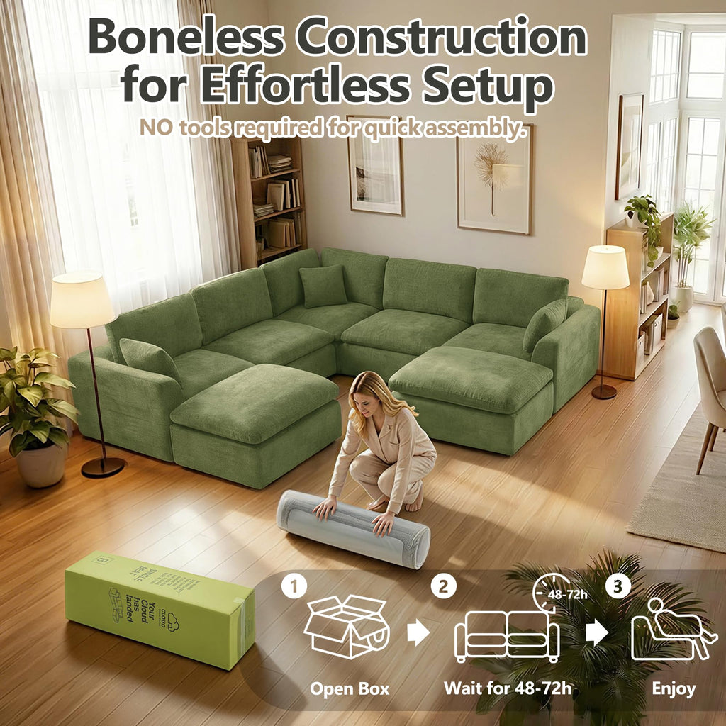 Oversized 143" Double-Layered and Soft Cloud Couch Modular Sectional Sofa Boneless Couches 6-Seater U-Shape Couch