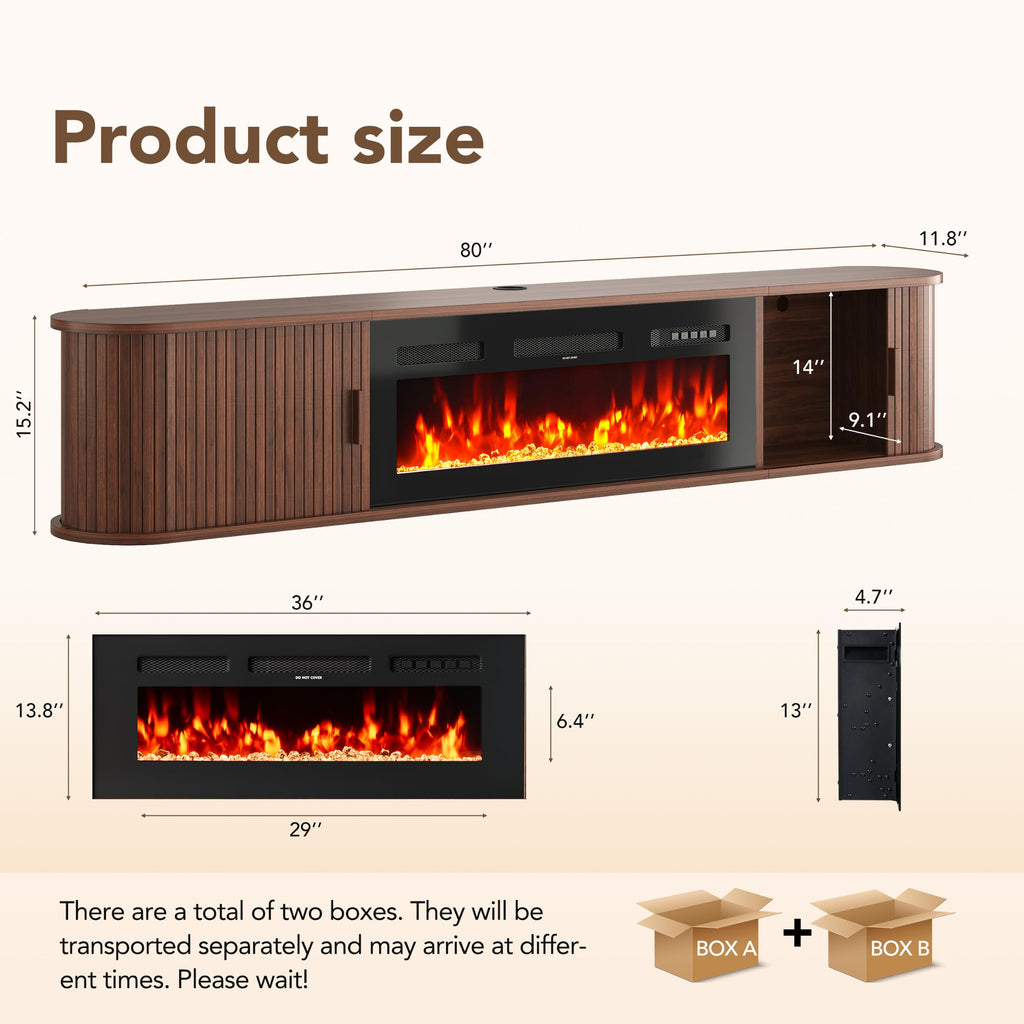 80" Floating TV Stand with Electric Fireplace, Wall Mounted Fireplace TV Stand, Entertainment Center with Storage