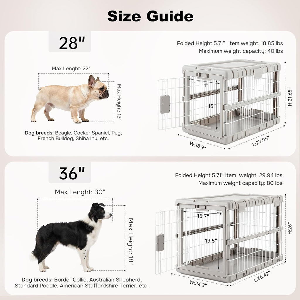 Collapsible Dog Crate for Dogs - 28" L Heavy Duty Dog Kennel No Tools Required with 4 Sides Steel Foldable Cage for Dogs Indoor Furniture, Portable Carrier with 2 Smooth Wheels, Beige