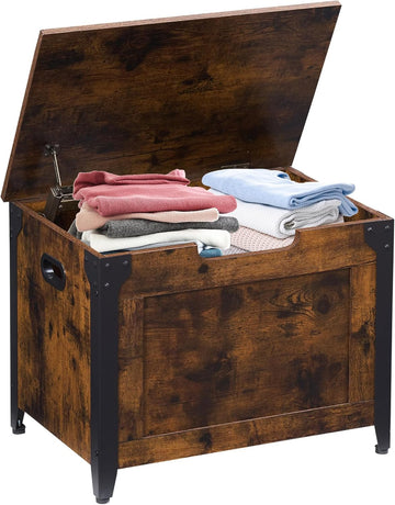 23.6" Storage Bench with 2 Safety Hinges, Rustic Brown | Retro Wooden Storage Chest, Loads 300 lb, Easy Assembly