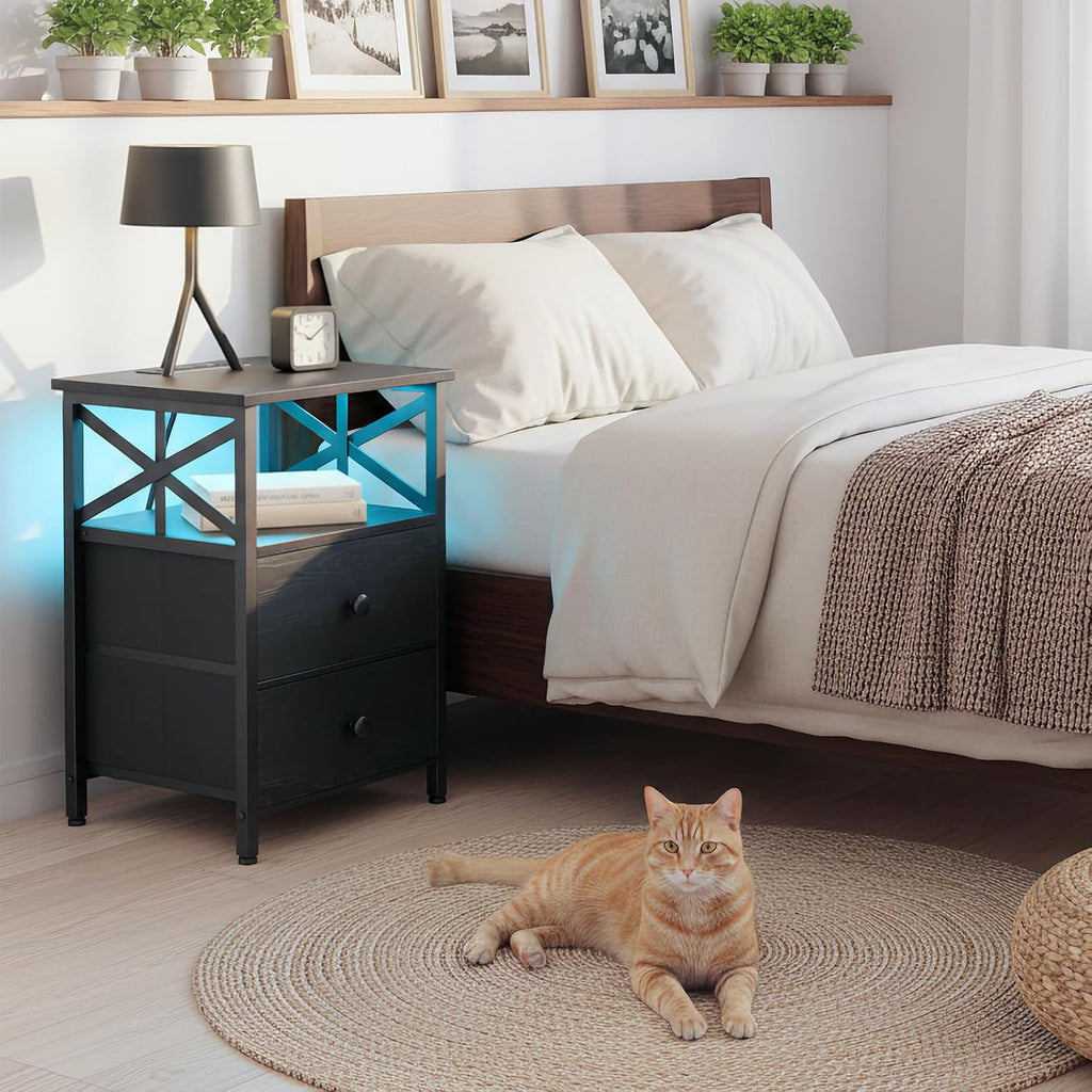 Nightstands Set of 2 with Charging Station, LED Night Stand with 2 Storage Drawers, End Tables with USB Ports and