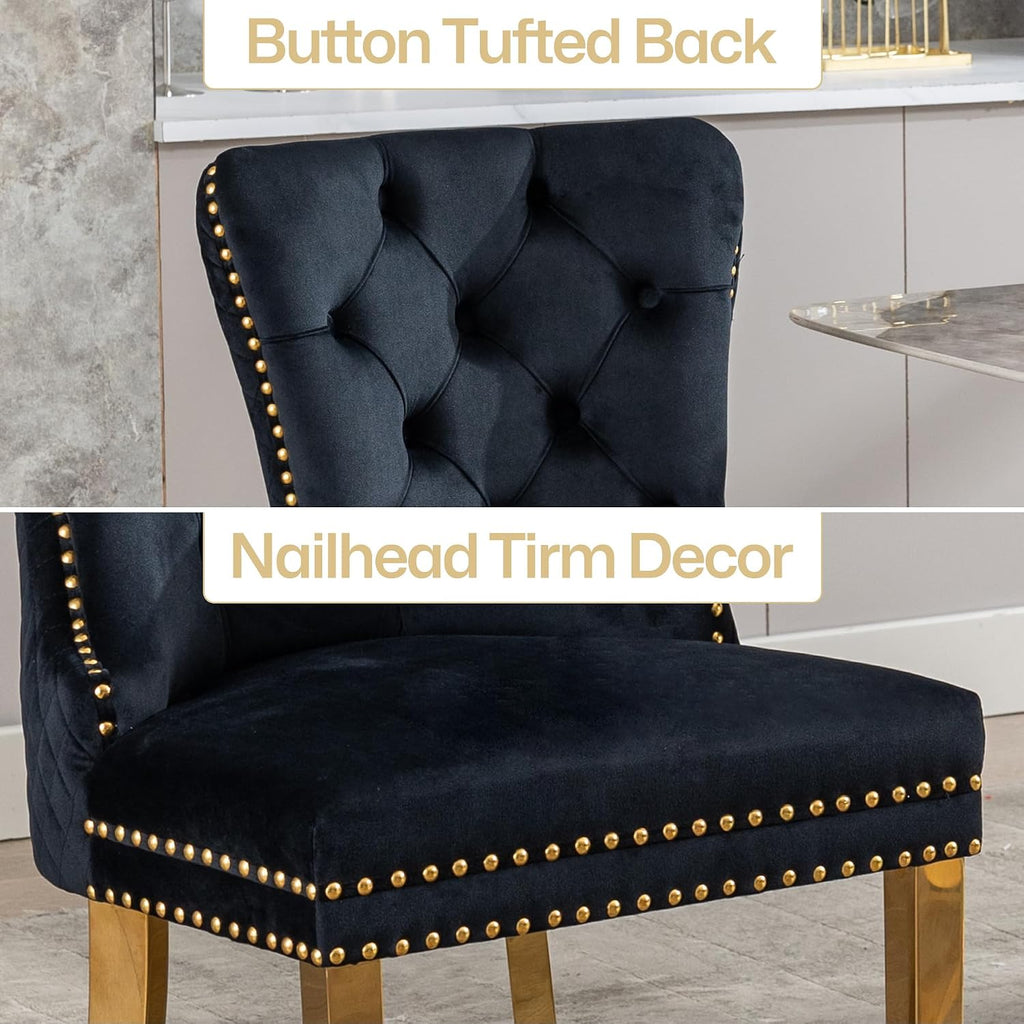 Velvet Dining Chairs Set of 2, Nikki Collection Dining Room Chairs with Gold Metal Legs and Lion Head Pull Ring