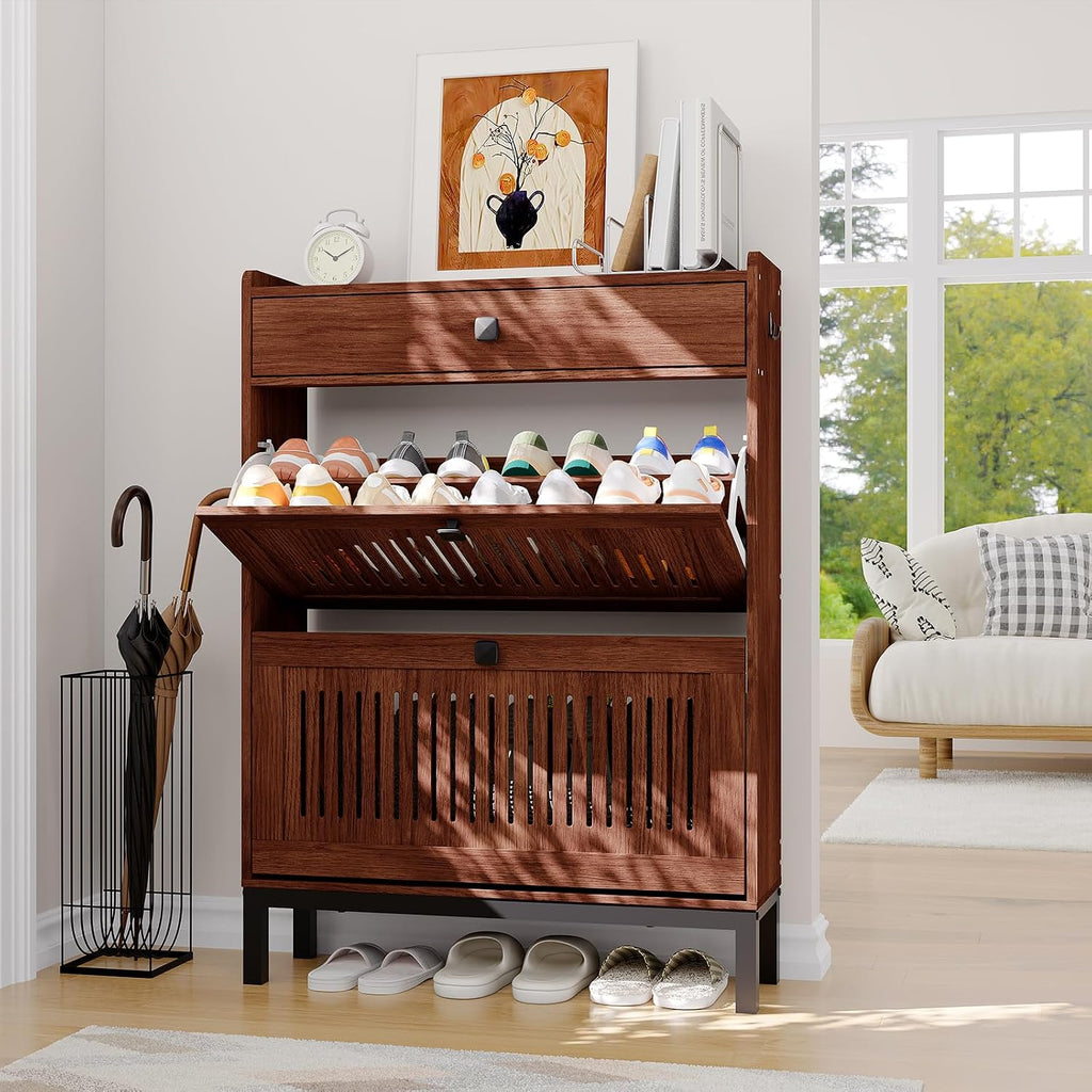 Shoe Cabinet with 2 Flip Drawers and 1 Large Drawer, Wooden Shoe Organizer Cabinet with Adjustable Shelf, Shoe