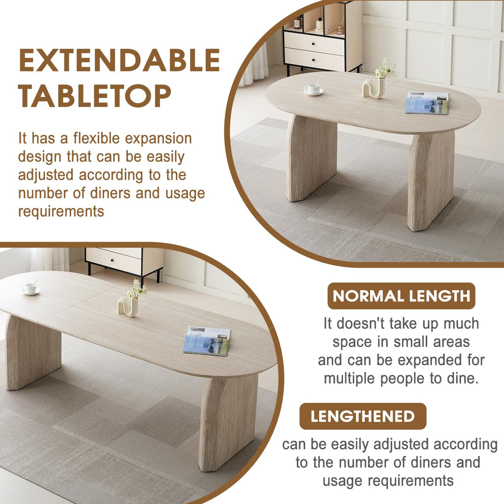 59.06"-90.55" Extendable Dining Table for 6 8 10, Modern Oval Kitchen Table with Dual Pillar Base, Wooden Expandable