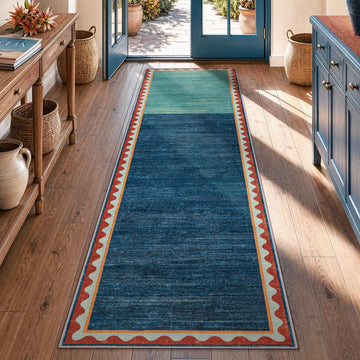 Retro Mid-Century Modern Hallway Runner Rug Non Slip 2x8 Living Room Kitchen, Washable Teal & Blue Scalloped Rug